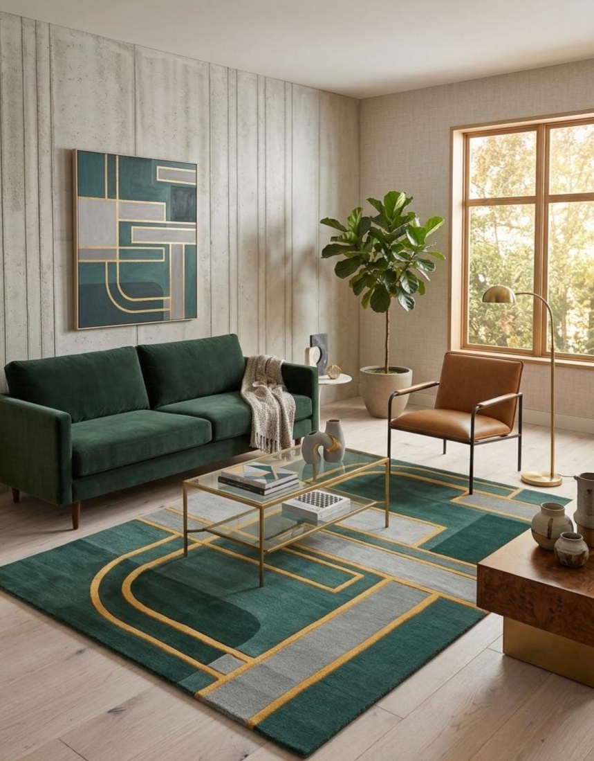 Emerald Green Hand Tufted Rug, Modern Geometric Area Rug, Luxury Abstract Wool Carpet, Contemporary Living Room Rug, Custom Handmade Rug
