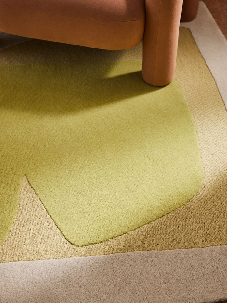 Modern Abstract Yellow Green Area Rug – Hand-Tufted Wool Carpet with Minimalist Organic Shapes for Living Room, Bedroom & Office Decor