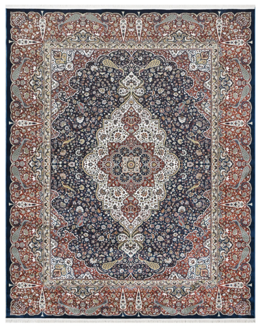Luxury Persian Silk Rug – Navy Blue Oriental Medallion Carpet with Rich Floral Design