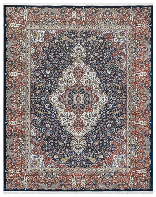 Luxury Persian Silk Rug – Navy Blue Oriental Medallion Carpet with Rich Floral Design