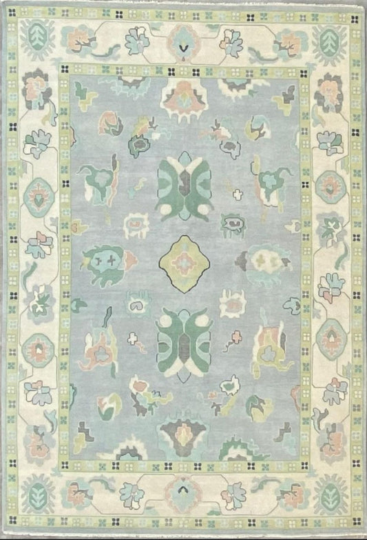 Handknotted Oushak Rug in Soft Blue & Green | Turkish Wool Vintage Area Carpet | Pastel Oriental Rug for Living Room & Bedroom Décor