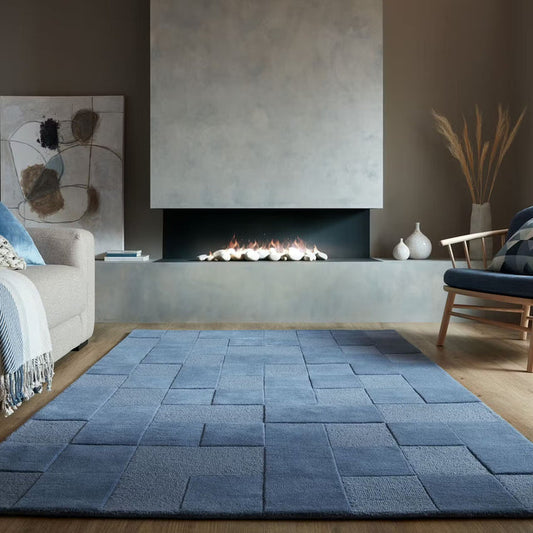 Modern Blue Geometric Rug – Hand-Tufted Block Pattern Carpet for Living Room, Bedroom & Contemporary Home Décor