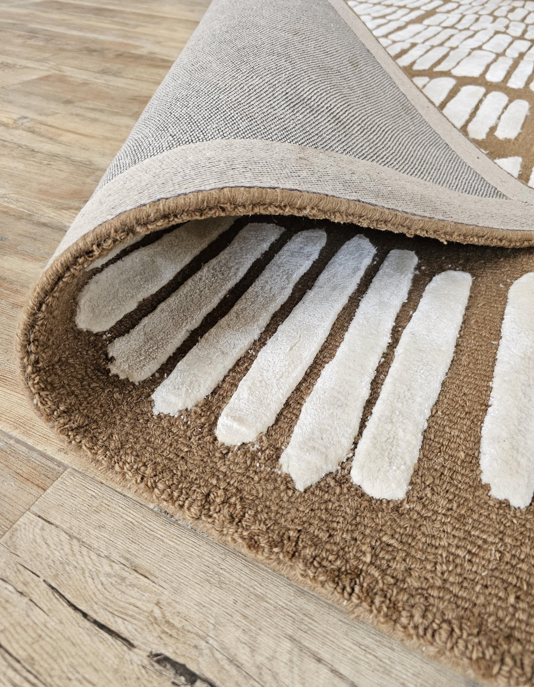 Handmade Modern Wool Rug | Brown & Ivory Abstract Striped Area Carpet | Contemporary Textured Floor Rug for Living Room, Bedroom & Office Decor