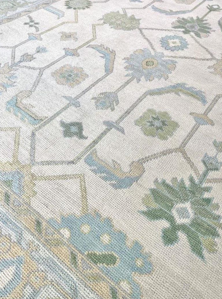 Handknotted Oushak Rug – Ivory Blue Green Turkish Area Rug, Traditional Handmade Wool Rug, Elegant Neutral Boho Home Decor