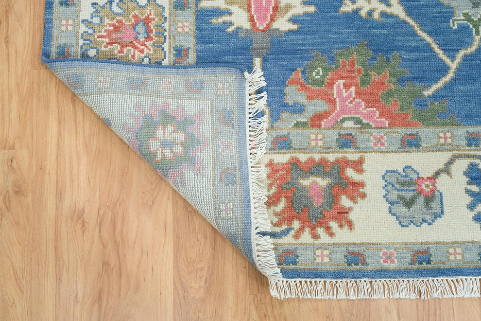 Hand-Knotted Blue Oushak Rug – Authentic Turkish Wool Carpet | Vintage-Inspired Oriental Area Rug for Living Room