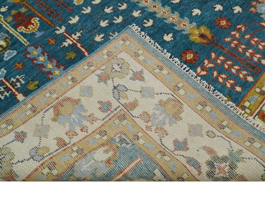 Hand-Knotted Oushak Rug in Teal Blue – Authentic Turkish Wool Oriental Carpet
