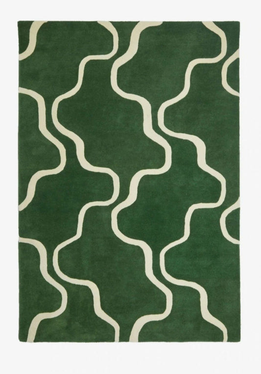 Wavy Green and Cream Modern Area Rug – Hand-Tufted Abstract Carpet for Living Room, Bedroom & Home Decor