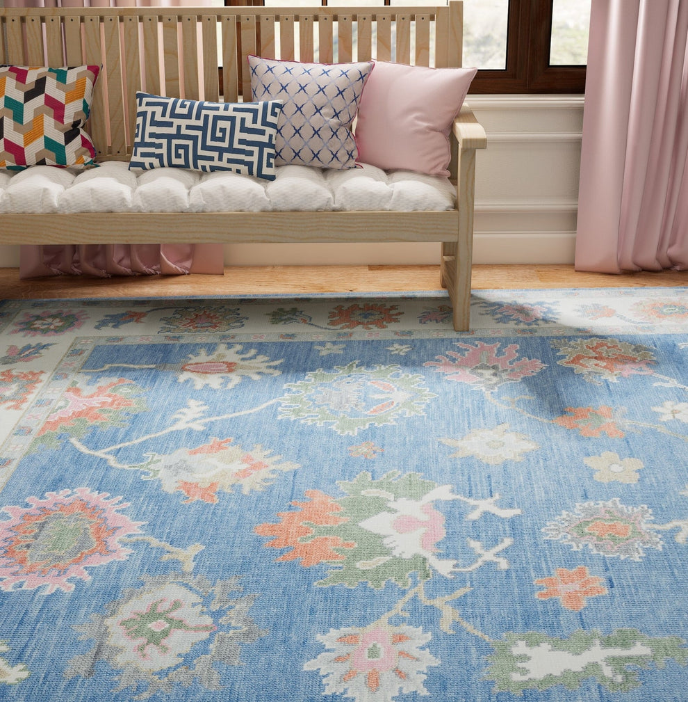 Hand-Knotted Blue Oushak Rug – Authentic Turkish Wool Carpet | Vintage-Inspired Oriental Area Rug for Living Room