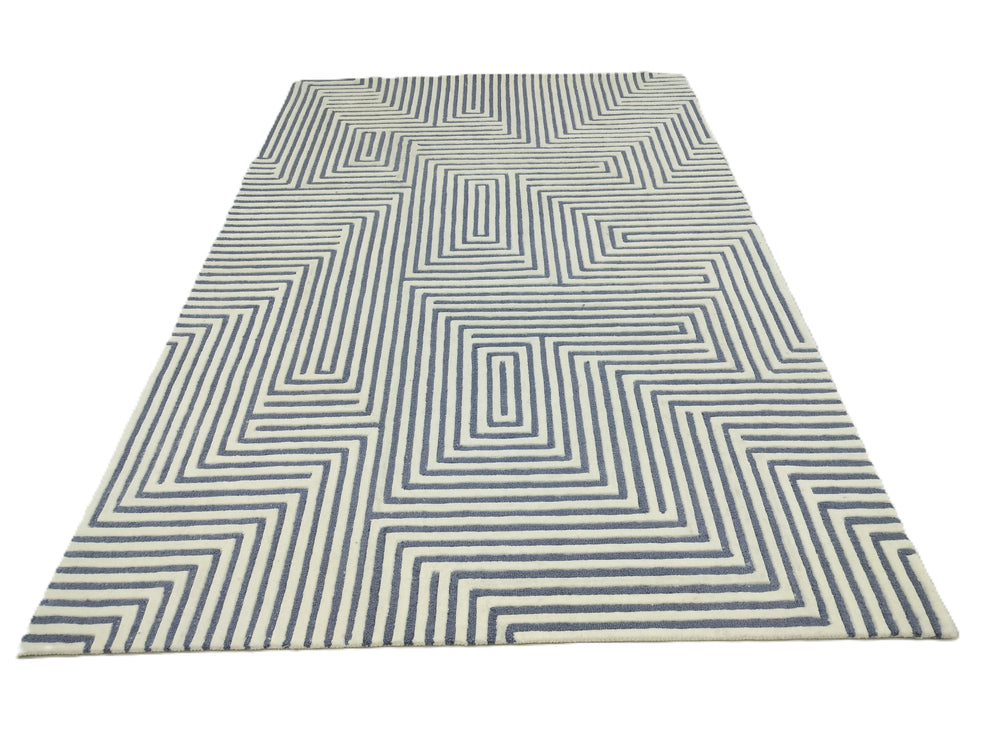Blue and White Maze Pattern Area Rug – Modern Hand-Tufted Wool Carpet with Geometric Line Design for Living Room, Bedroom & Contemporary Décor