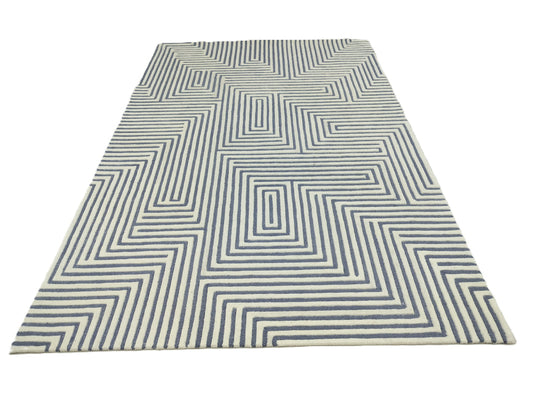 Blue and White Maze Pattern Area Rug – Modern Hand-Tufted Wool Carpet with Geometric Line Design for Living Room, Bedroom & Contemporary Décor