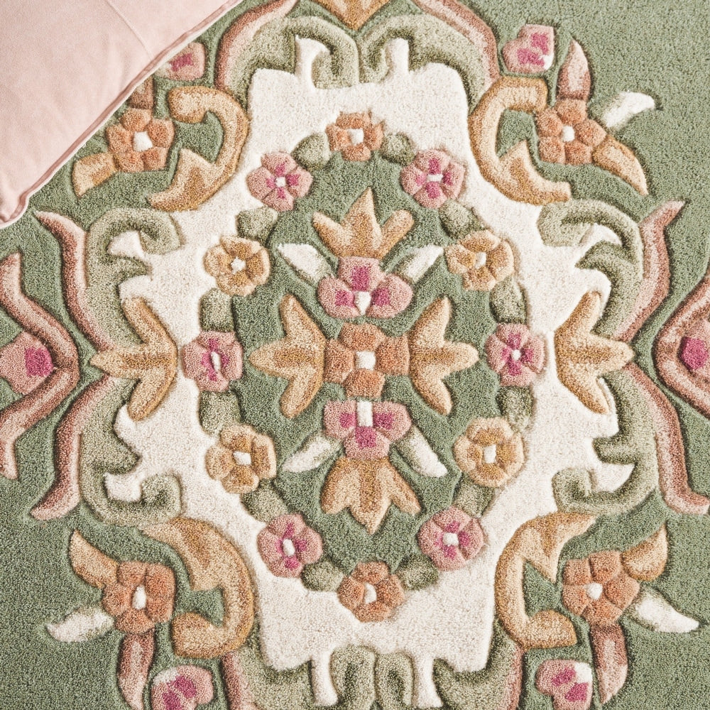 Classic Green Aubusson Area Rug – Handcrafted Wool Carpet with Ivory Floral Border for Elegant Living Room & Bedroom Décor