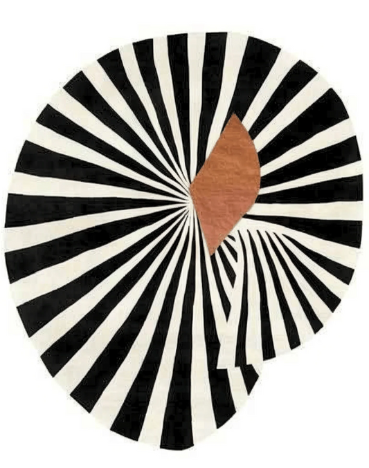 Modern Abstract Round Hand Tufted Rug – Black & White Optical Illusion Carpet with Brown Accent, Contemporary Statement Floor Art
