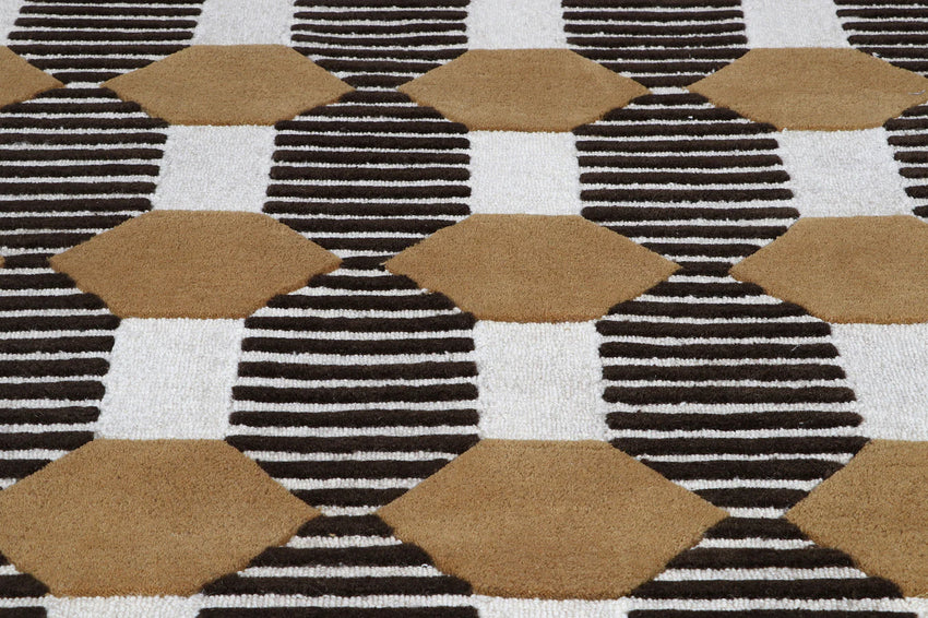 Mid Century Modern Geometric Area Rug – Hand Tufted Mustard Yellow & Brown Striped Pattern Carpet for Living Room, Dining & Office Décor