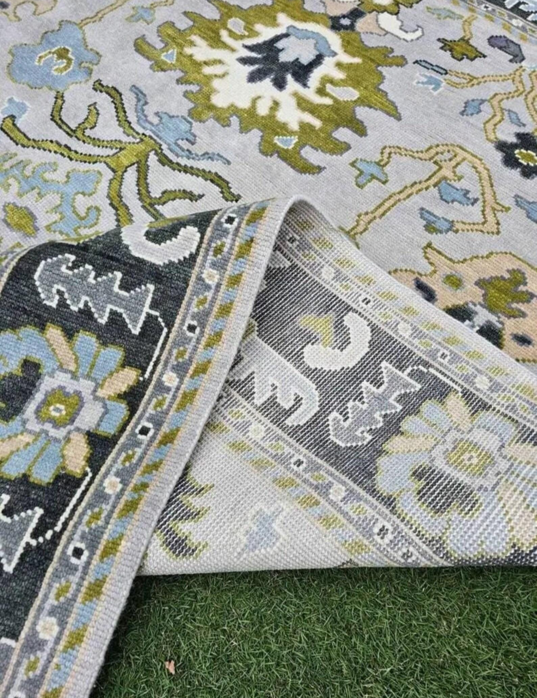 Hand-Knotted Oushak Rug – Light Grey Wool Area Rug with Blue & Olive Motifs, Turkish Oriental Design