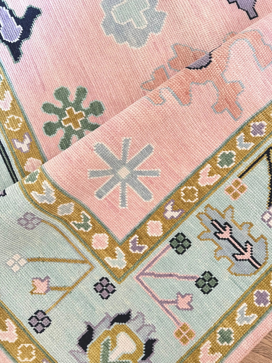 Hand Knotted Oushak Rug – Blush Pink Pastel Turkish Wool Vintage Area Carpet