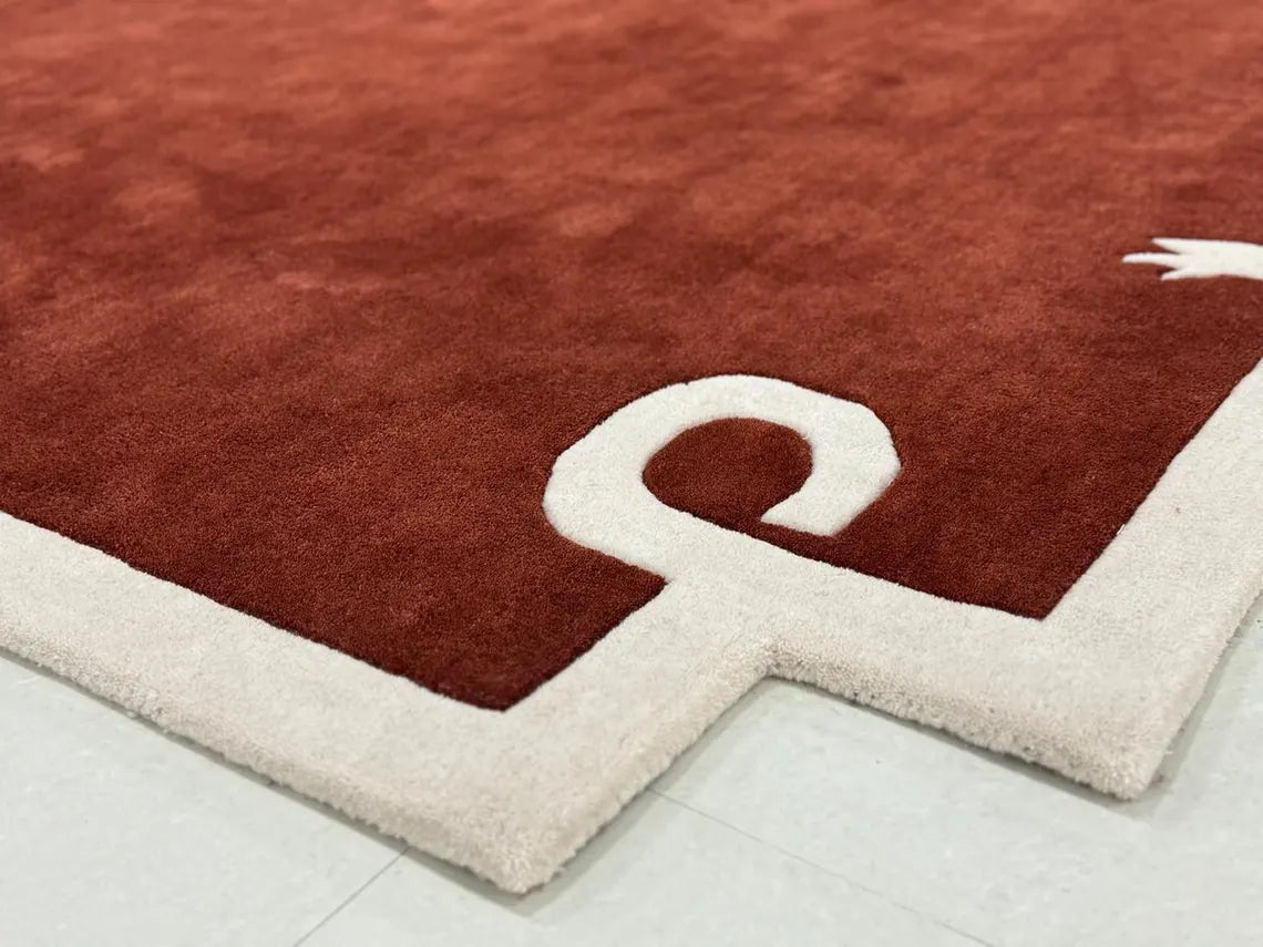 Modern Hand-Tufted Maroon Area Rug – Abstract Border Wool Carpet for Living Room & Bedroom Décor