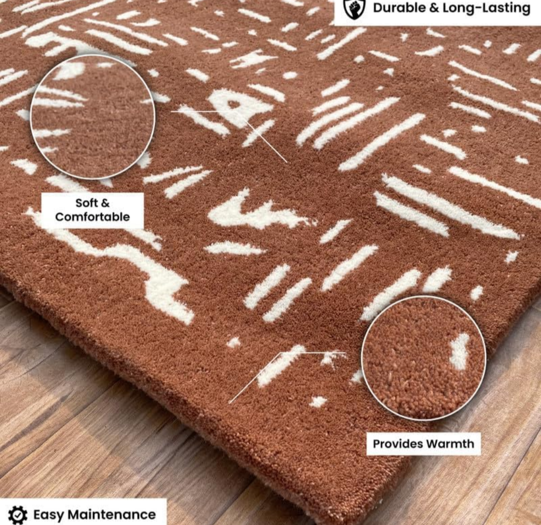 Modern Rust Brown and White Abstract Geometric Tufted Area Rug – Soft Handmade Contemporary Carpet for Living Room, Bedroom, Office Decor