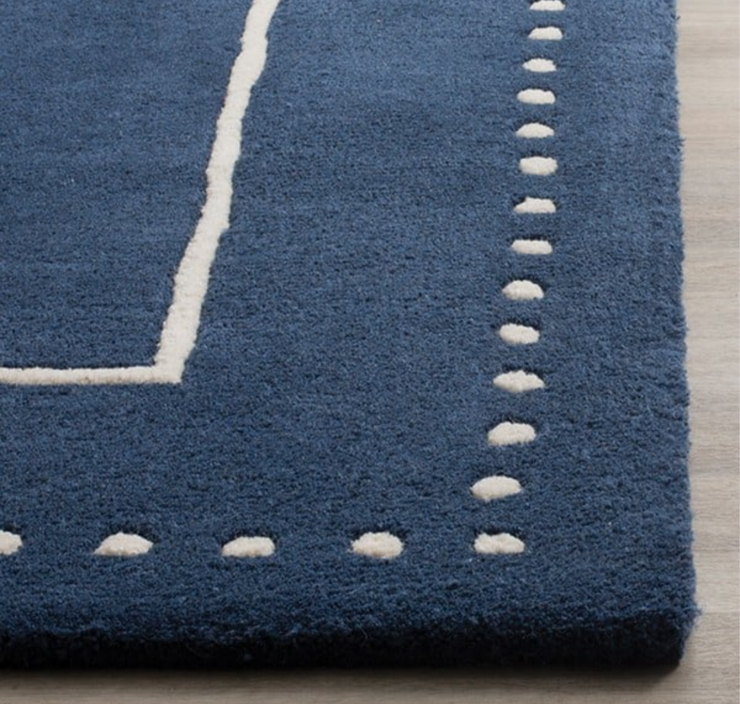 Classic Navy Blue Wool Area Rug with White Border – Handwoven Modern Geometric Carpet for Living Room, Bedroom & Office Décor
