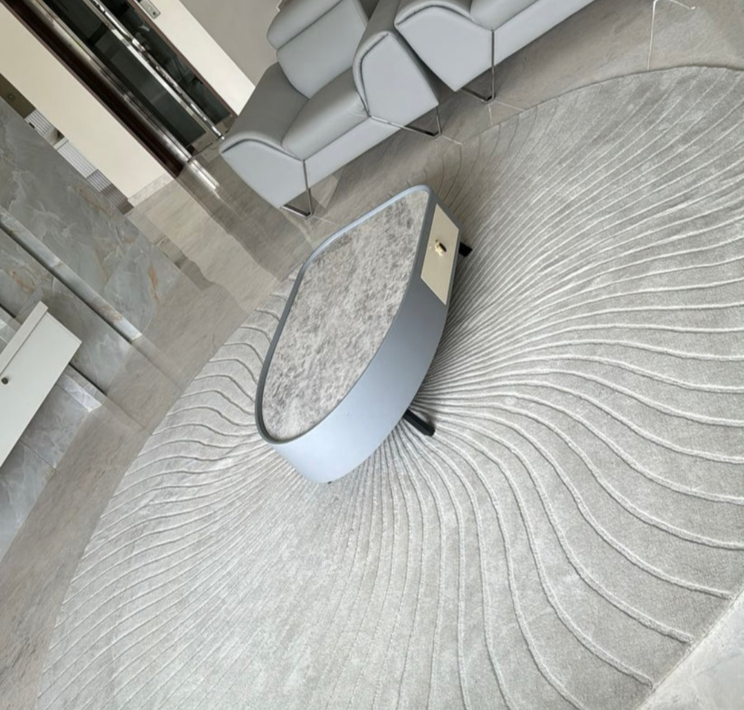 Modern Round Textured Rug for Living Room – Luxury Soft Grey Carpet with Contemporary Wave Design