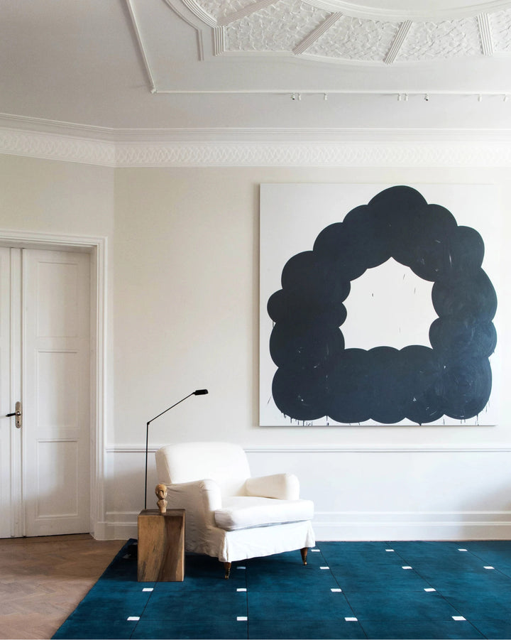 Hand Tufted Navy Blue Geometric Area Rug – Modern Minimalist Wool Carpet with Ivory Grid Squares | Luxury Living Room, Bedroom & Office Decor | Custom Size Rug