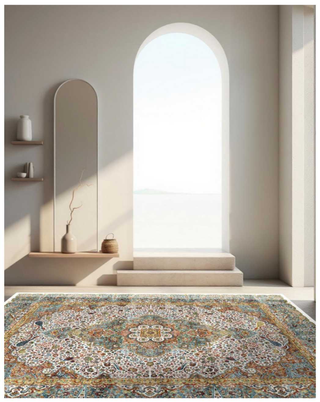 Luxury Persian Silk Rug – Ivory & Blue Oriental Medallion Carpet for Elegant Living Spaces
