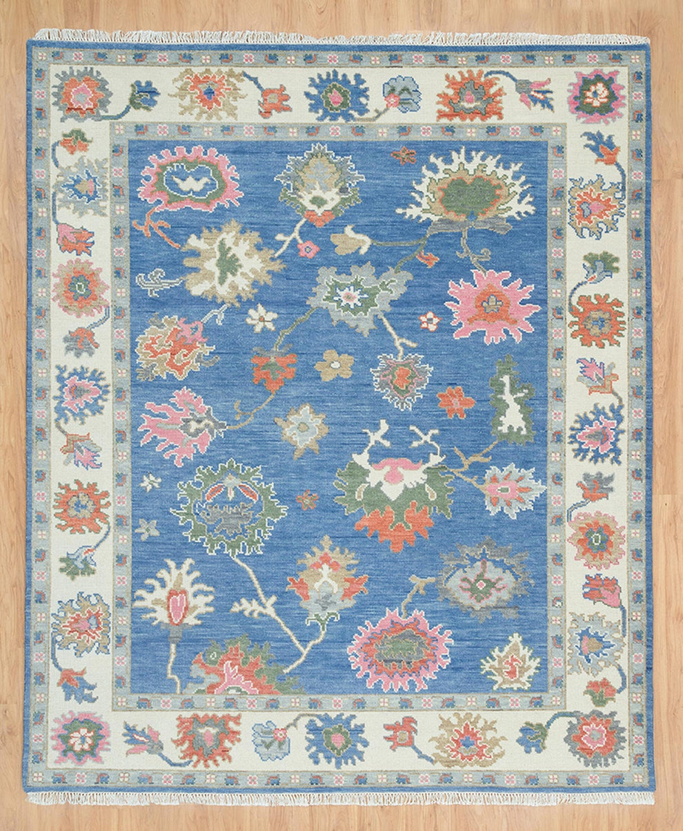 Hand-Knotted Blue Oushak Rug – Authentic Turkish Wool Carpet | Vintage-Inspired Oriental Area Rug for Living Room