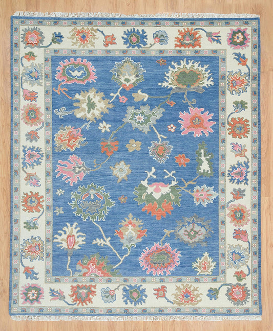 Hand-Knotted Blue Oushak Rug – Authentic Turkish Wool Carpet | Vintage-Inspired Oriental Area Rug for Living Room