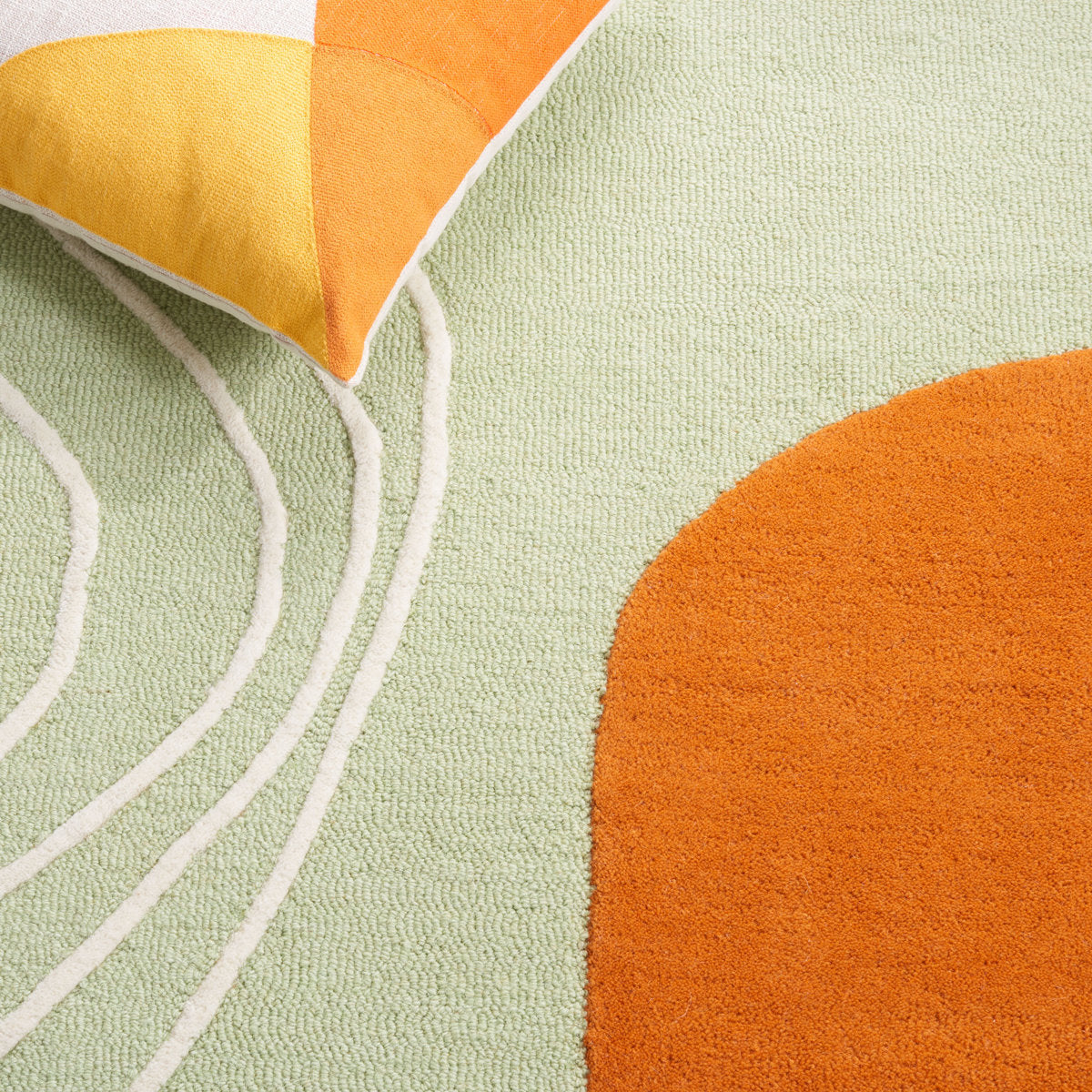 Modern Abstract Wool Rug – Green, Orange & White Hand-Tufted Carpet with Minimalist Line Art for Living Room & Office Decor