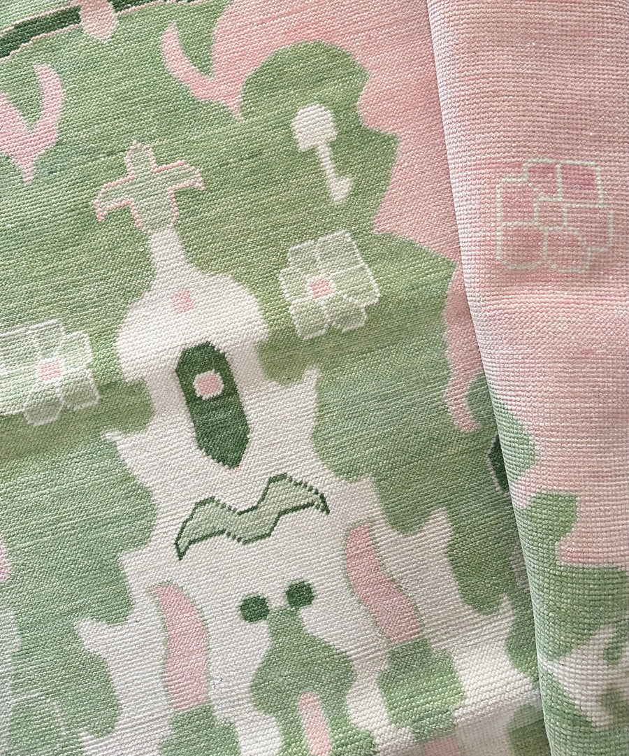 Handknotted Oushak Rug – Soft Pink & Green Turkish Wool Carpet | Vintage Pastel Area Rug for Living Room
