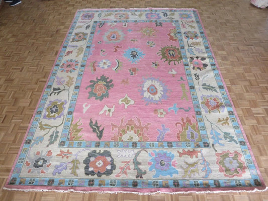 Blush Pink Hand Knotted Oushak Rug – Vintage Turkish Style Floral Medallion Carpet, Soft Pastel Large Area Rug for Living Room & Bedroom