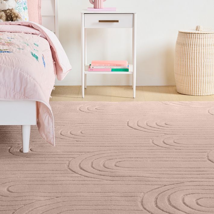 Modern Art Deco Hand-Tufted Rug | Blush Pink Geometric Rainbow Pattern Carpet | Minimalist Textured Area Rug for Living Room & Bedroom