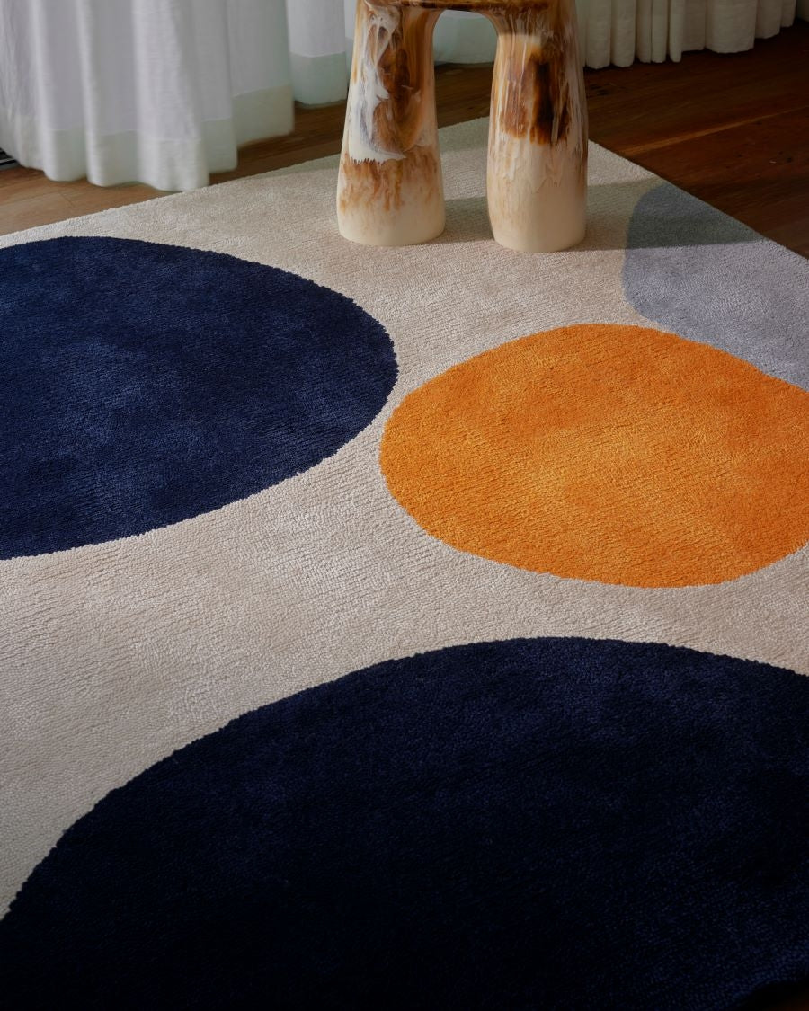 Modern Abstract Area Rug | Hand-Tufted Beige Carpet with Black, Brown & Orange Geometric Shapes for Living Room & Bedroom Décor