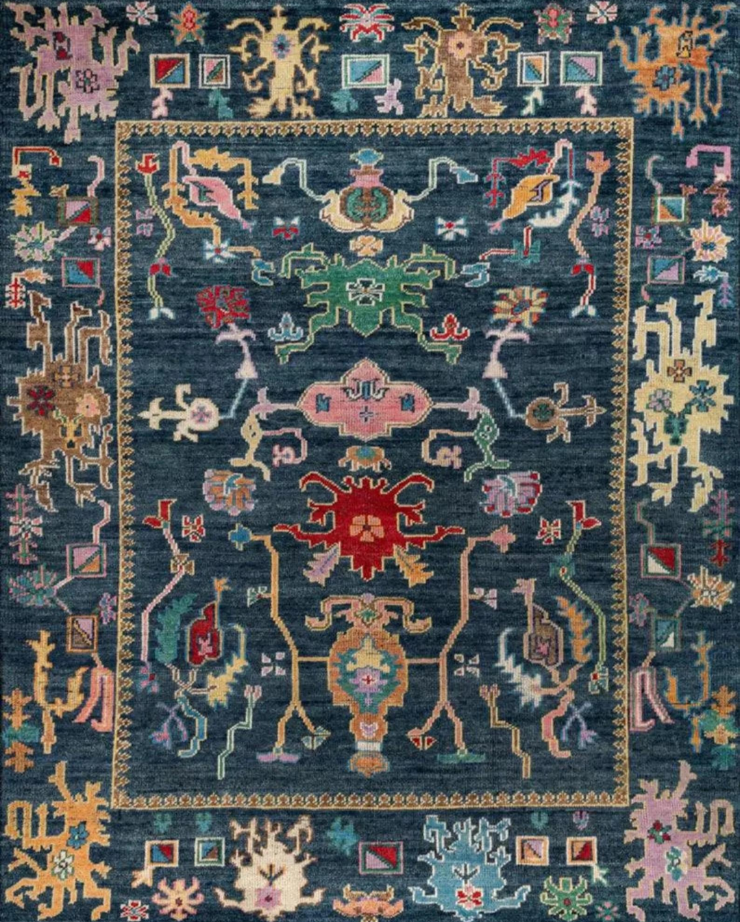 Hand-Knotted Oushak Rug – Deep Blue Multicolor Wool Area Rug, Turkish Oriental Design with Vibrant Motifs