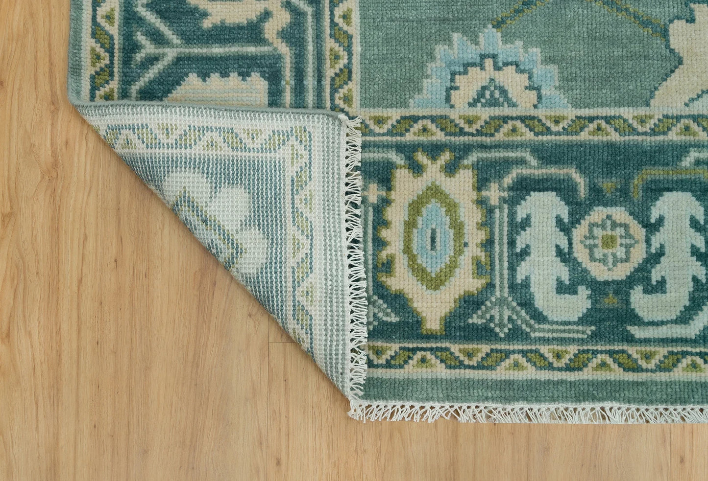 Luxury Hand-Knotted Oushak Rug – Soft Green Turkish Wool Carpet for Elegant Homes