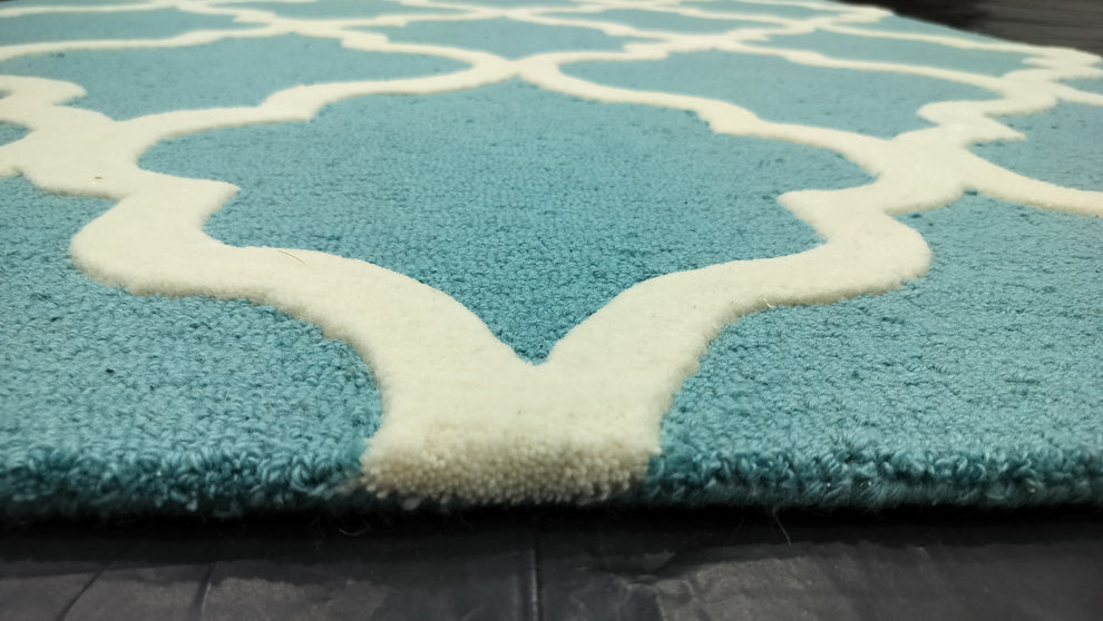 Turquoise Moroccan Trellis Area Rug – Soft Hand-Tufted Carpet with White Geometric Pattern for Living Room, Bedroom & Modern Home Décor