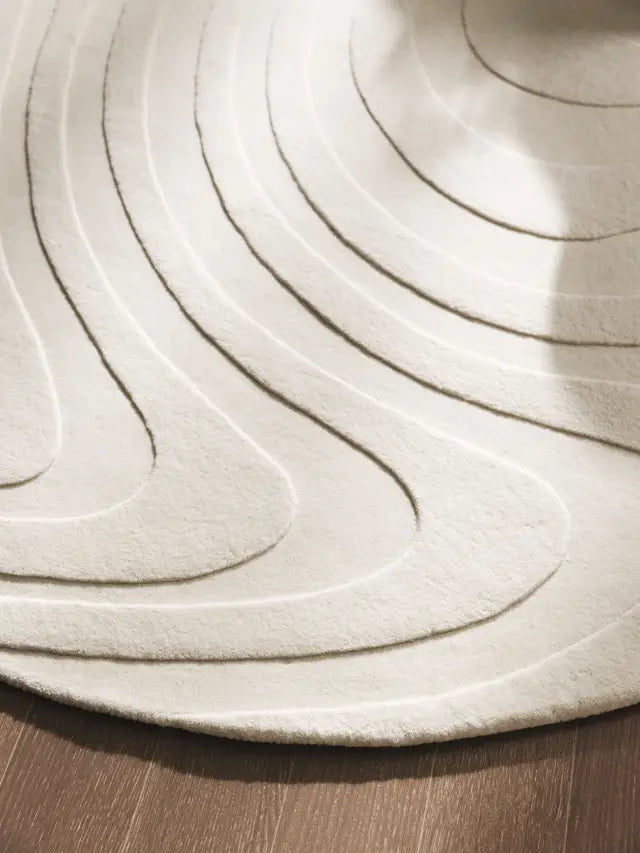 Modern Round Beige Wave Pattern Rug – Minimalist Neutral Carpet for Living Room, Bedroom & Office Décor