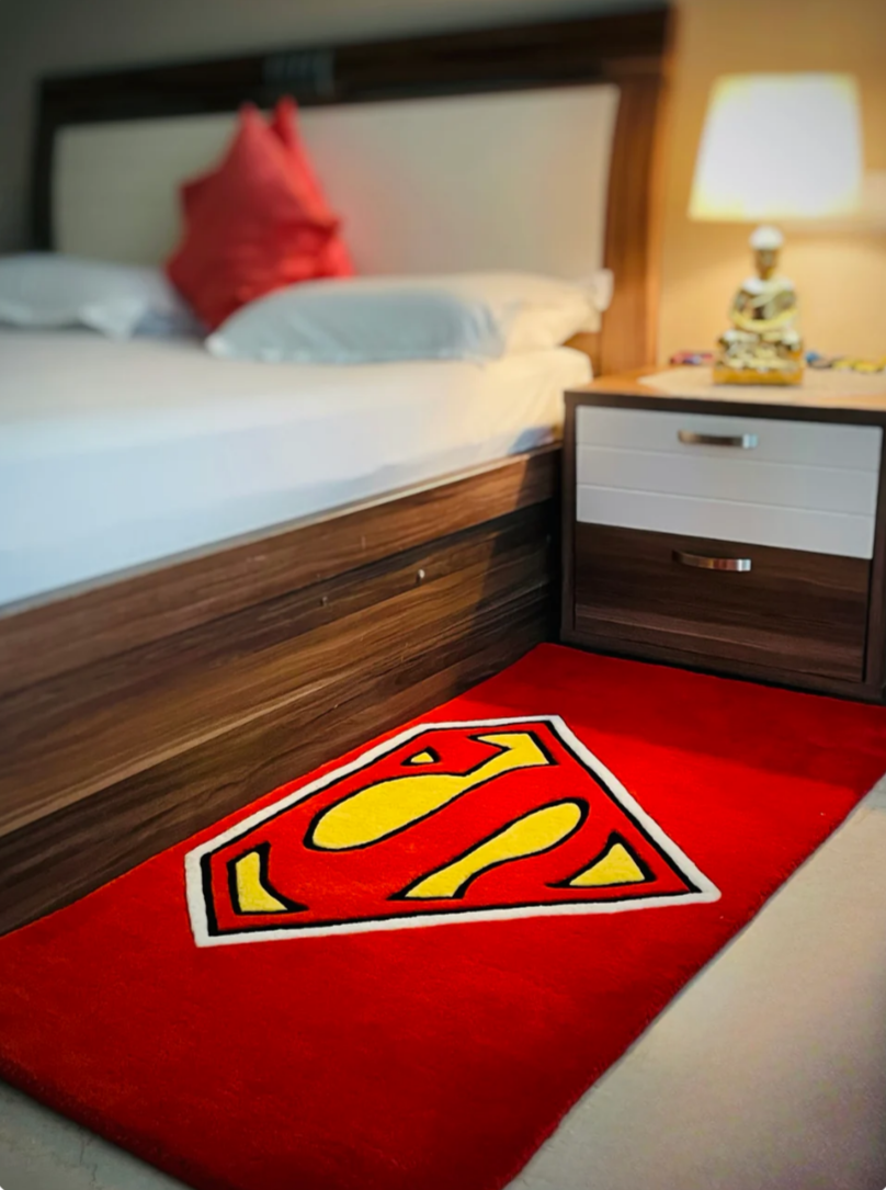 Handmade Superman Logo Rug – Custom Superhero Carpet for Kids Room, Bedroom Decor, Red Tufted Rug for Boys & Girls