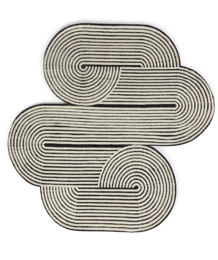 Modern Black & White Abstract Area Rug – Hand-Tufted Wool Carpet with Geometric Spiral Line Design for Living Room, Bedroom & Office Decor