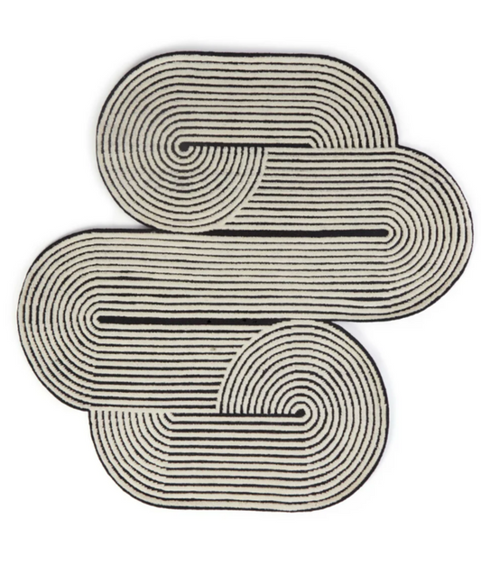 Modern Black & White Abstract Area Rug – Hand-Tufted Wool Carpet with Geometric Spiral Line Design for Living Room, Bedroom & Office Decor