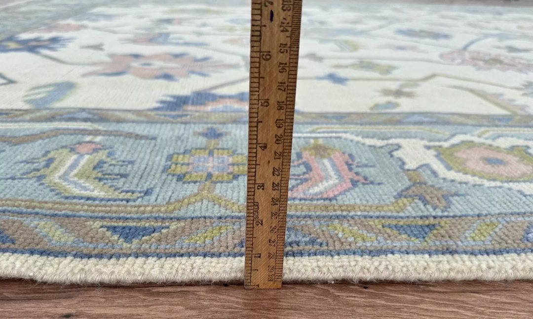 Hand Knotted Oushak Rug – Ivory Turkish Wool Area Rug with Soft Pastel Motifs