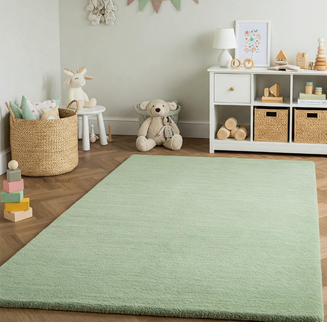 Sage Green Wool Area Rug Soft Handwoven Modern Carpet for Living Room