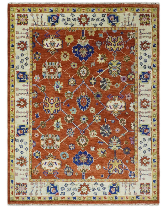 Hand Knotted Oushak Rug in Rust & Ivory | Vintage Turkish Wool Carpet | Oriental Floral Area Rug for Living Room & Bedroom | Luxury Handmade Home Décor