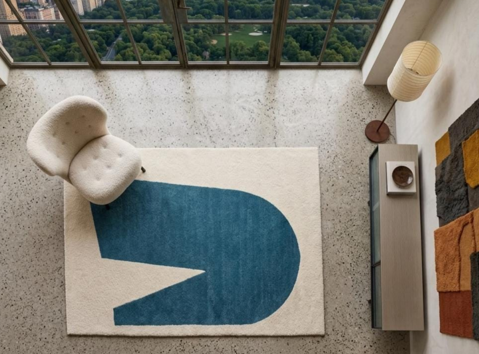 Modern Geometric Hand Tufted Rug – Luxury Cream & Teal Abstract Area Rug, Scandinavian Minimalist Wool Carpet, Contemporary Living Room Decor Rug