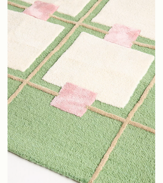 Modern Geometric Bath Mat – Soft Cotton Rug with Pink & Green Checkerboard Design, Non-Slip & Absorbent – Aesthetic Bathroom Decor