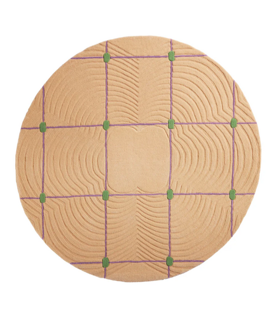 Round Beige Modern Area Rug – Hand-Tufted 3D Carved Grid Pattern with Purple Lines & Green Accents for Living Room or Bedroom Décor