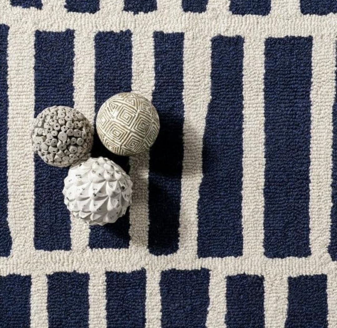 Modern Blue White Geometric Wool Area Rug | Hand-Tufted Carpet