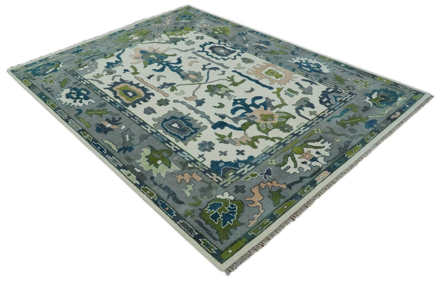 Handknotted Oushak Rug – Genuine Turkish Wool Oriental Carpet | Modern Blue & Green Floral Design