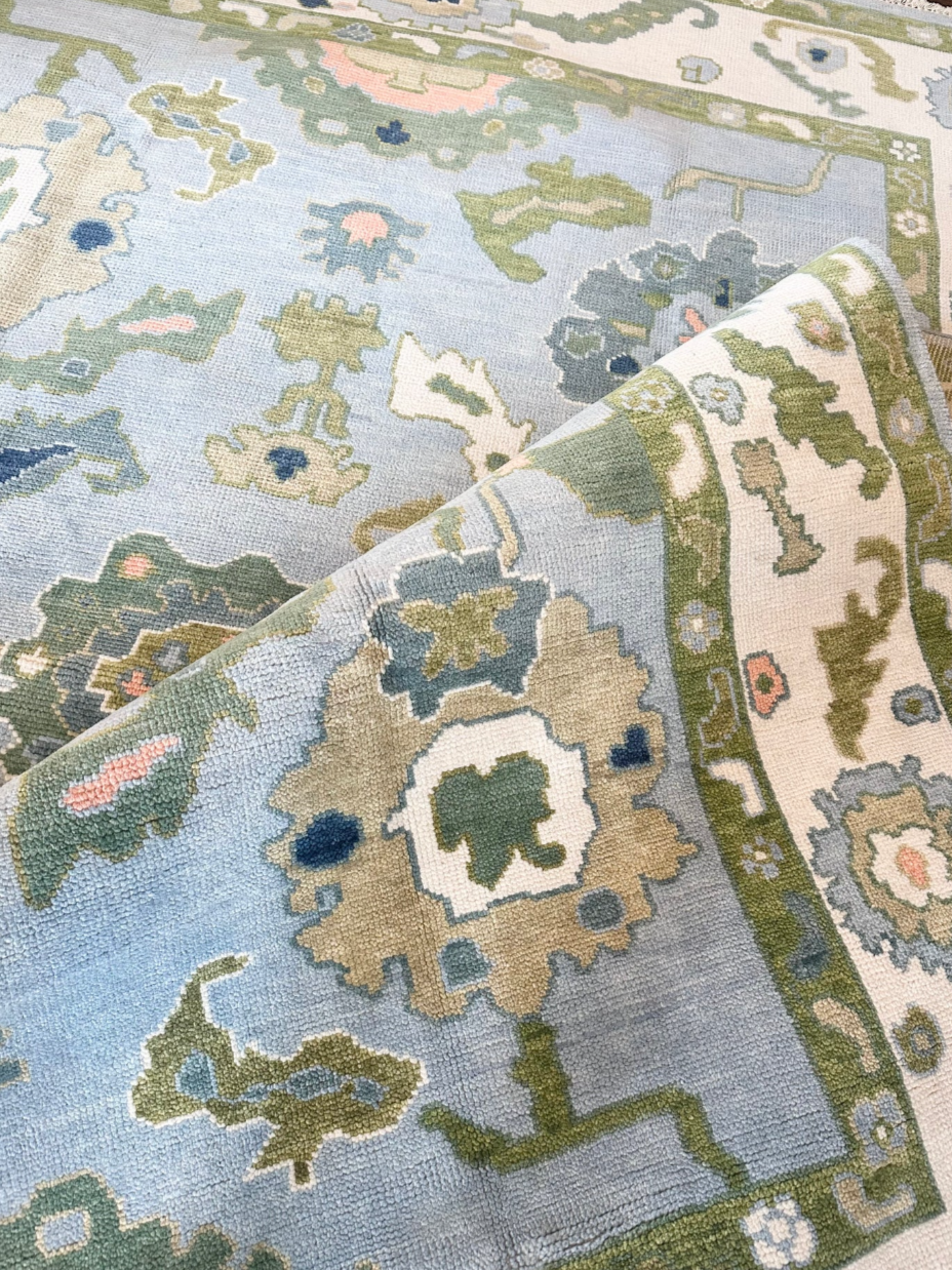 Hand Knotted Oushak Rug – Soft Pastel Blue & Green Turkish Style Area Carpet | Traditional Wool Oriental Rug