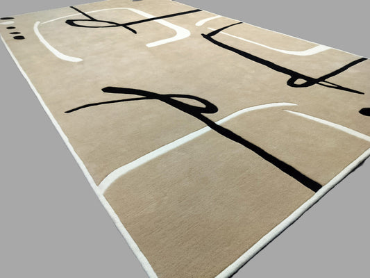 Modern Beige Abstract Area Rug – Minimalist Geometric Black & White Line Design, Soft Hand-Tufted Carpet for Living Room, Bedroom & Office Décor