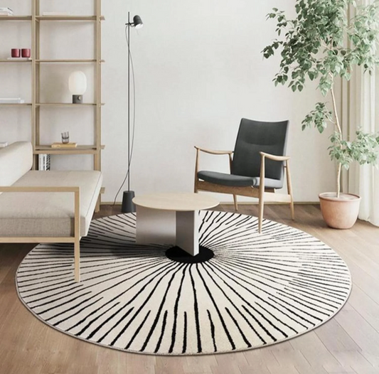 Modern Minimalist Round Area Rug – Black and White Sunburst Design Carpet for Living Room, Bedroom, or Office Decor